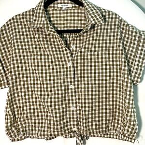 (SOLD) Madewell Seersucker Button up Drawstring Shirt In Plaid Size M EUC